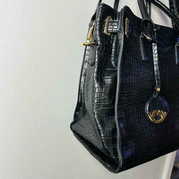 Unbranded Black Crocodile Patterned Genuine Leather Shoulder Straps Tote Bag - Picture 6 of 11